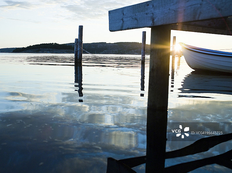 瑞典日落时分的码头小船图片素材