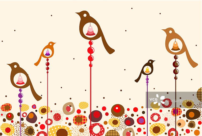 抽象装饰鸟带彩色铃铛、蛋和鹅卵石图片素材
