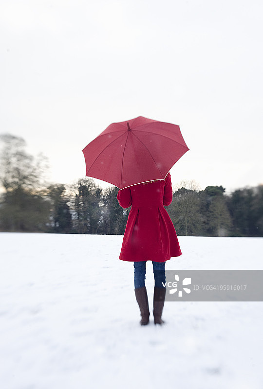 年轻女人打着伞站在雪地里图片素材
