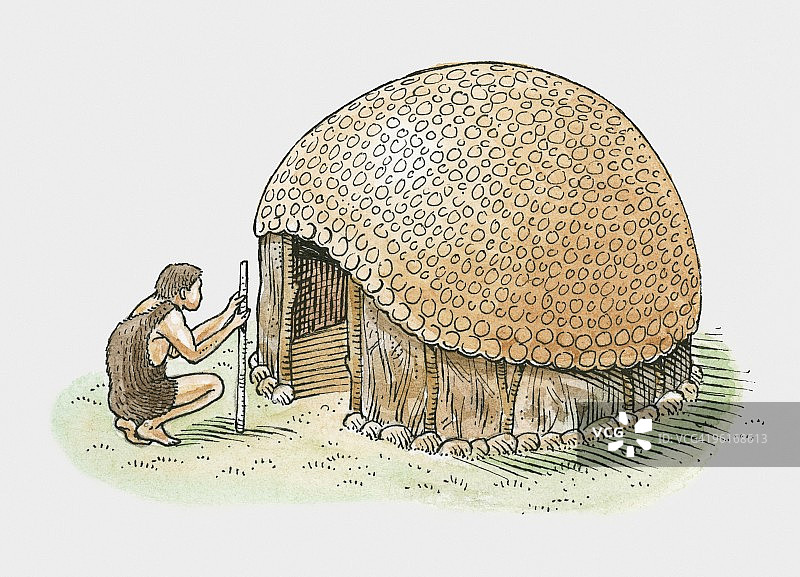 蹲在大型屋顶庇护所入口处的古代南美男子插画图片素材