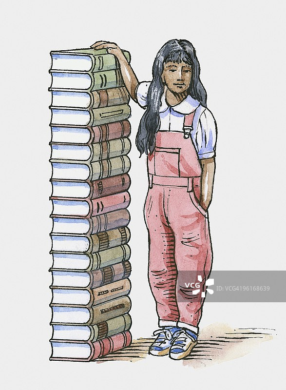 站在高书堆旁边的女孩插画图片素材