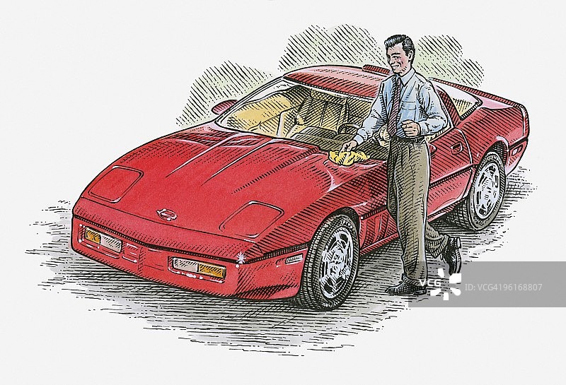 男子擦拭红色跑车插画图片素材
