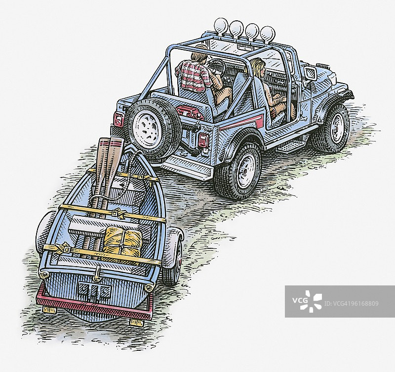 吉普车拖着小船插画图片素材