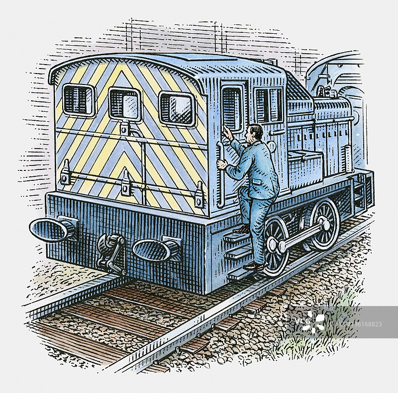 火车司机登上车门台阶的插图图片素材