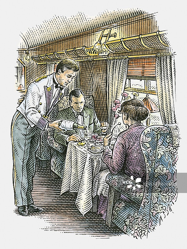 豪华列车车厢内服务员为乘客提供香槟插画图片素材