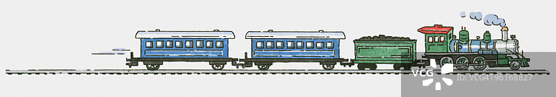蒸汽火车牵引车厢和煤炭插画图片素材