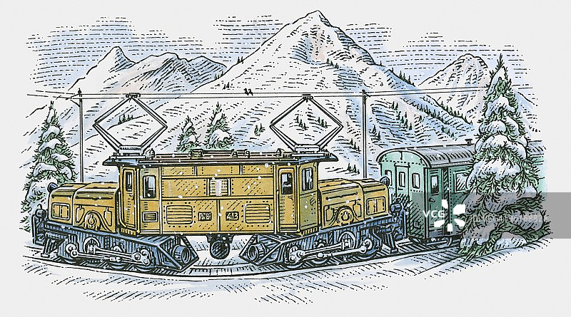 山区弯曲铁轨上的电力火车插画图片素材
