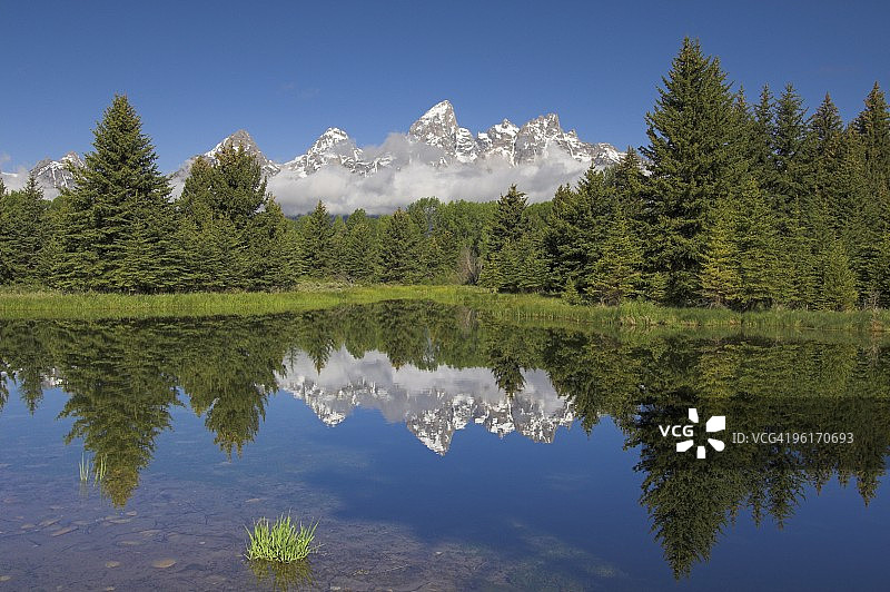 提温诺特山、欧文山和提顿峰倒映在比弗池塘中，施瓦巴赫登陆点，美国怀俄明州大提顿国家公园，北美洲图片素材