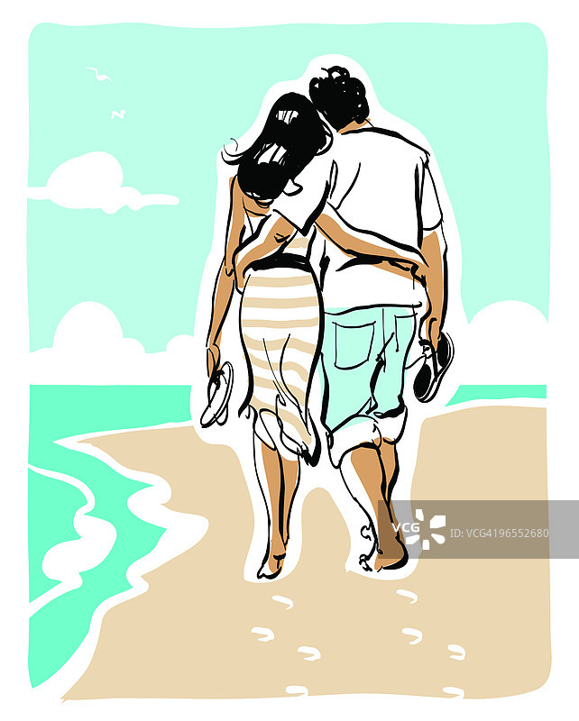 在海滩上行走的男人和女人（后视图）图片素材