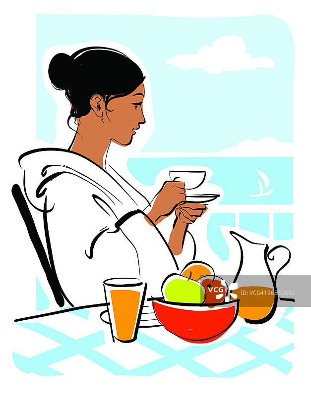 女人在甲板上享用早餐图片素材