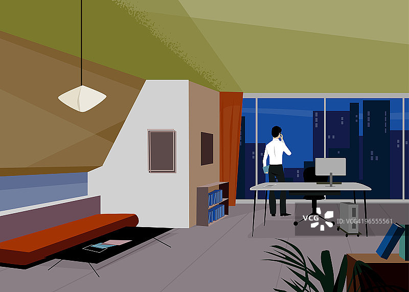 在办公室靠窗打电话的商人图片素材