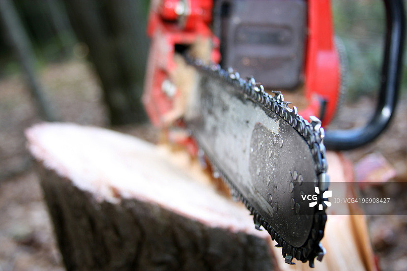 树桩上的油锯特写图片素材