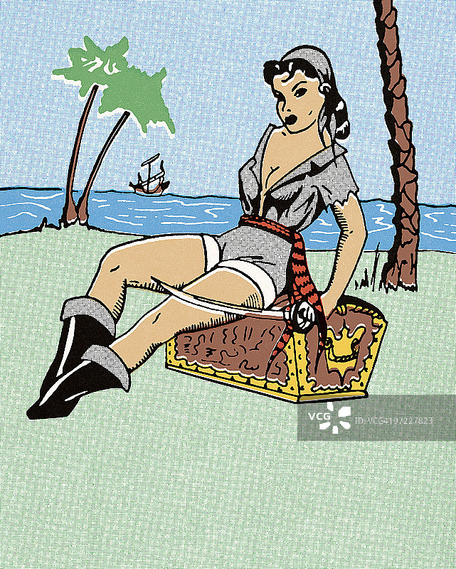 坐在宝箱上的女海盗图片素材