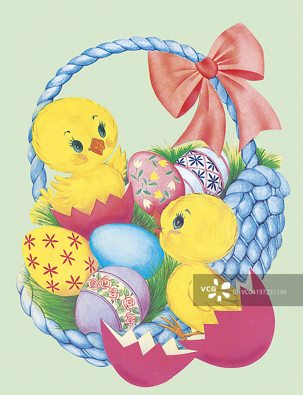 装有彩蛋和小鸡的复活节篮子图片素材