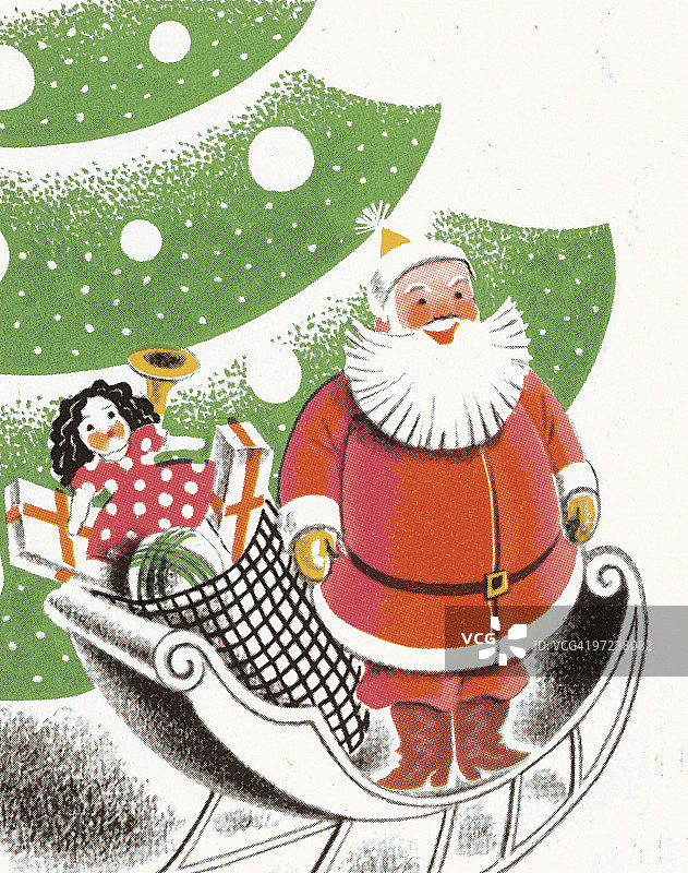 圣诞老人在雪橇上，圣诞树前图片素材