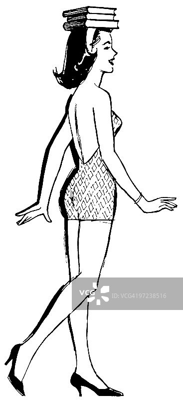 头顶书本练习模特步的女人图片素材