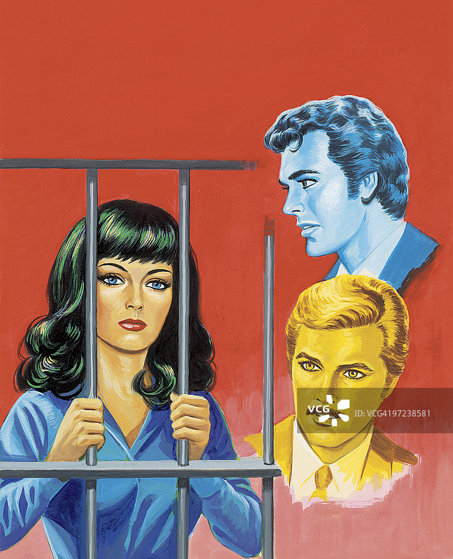 铁窗后的两名男子和一名女子图片素材
