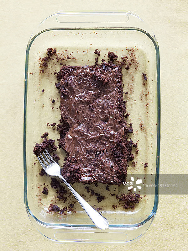 托盘里的巧克力蛋糕与叉子（俯视角度）图片素材