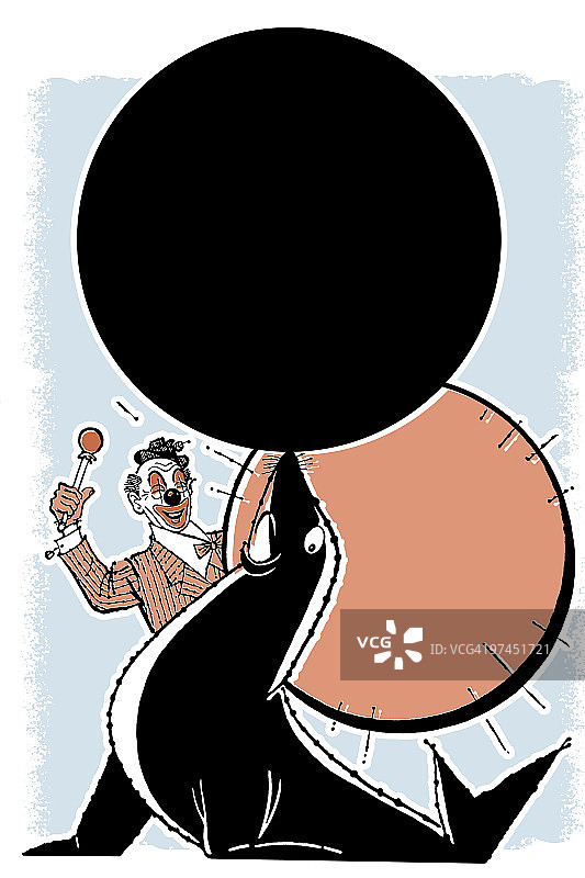 小丑训练海豹用鼻子平衡球图片素材