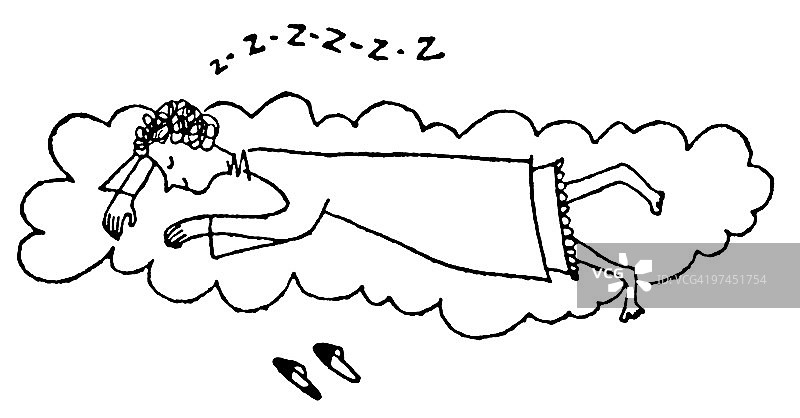 卡通风格的女子睡眠插画黑白版图片素材