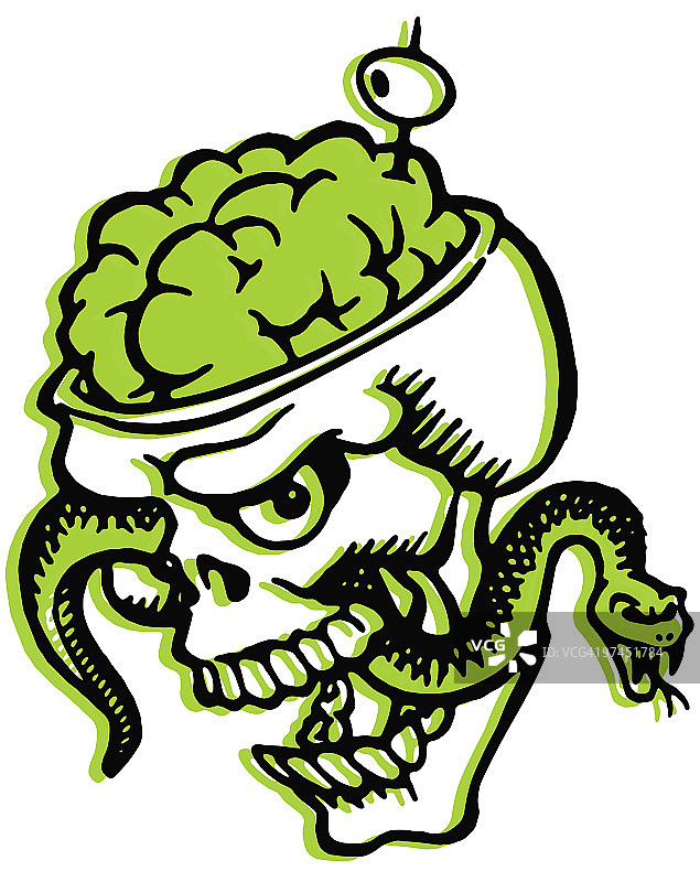 大脑凸出的骷髅，嘴里叼着蛇和橄榄图片素材