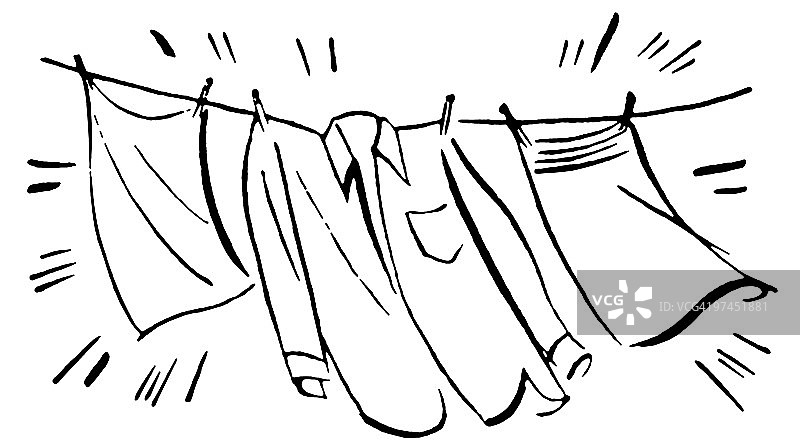 黑白版晾衣绳上的一排衣服图片素材