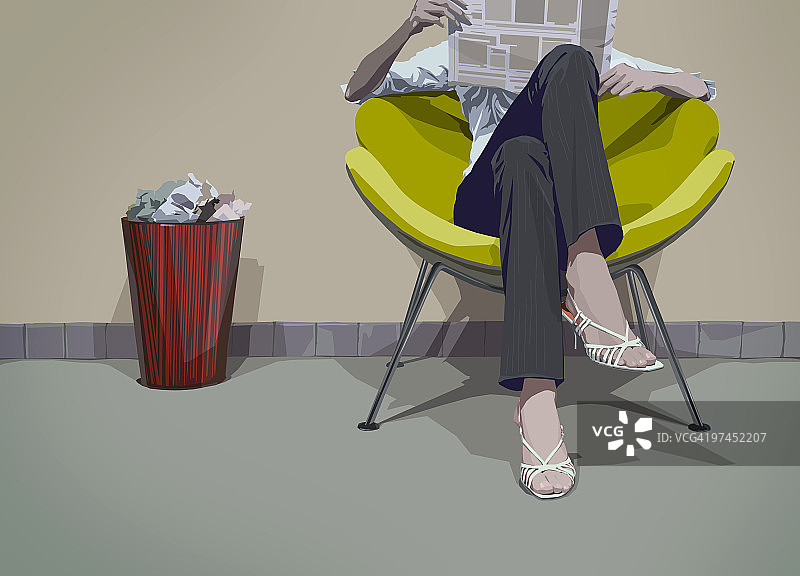 女子坐在椅子上看报纸插画图片素材