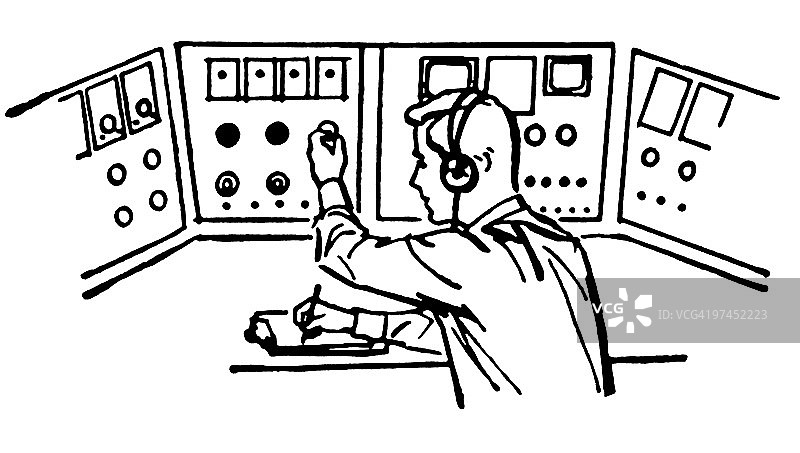 老式飞行控制员插画黑白版图片素材