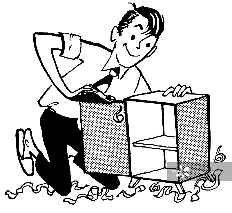 修理小柜子的男人插画（黑白版）图片素材