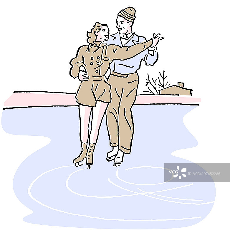 两人花样滑冰复古插画图片素材