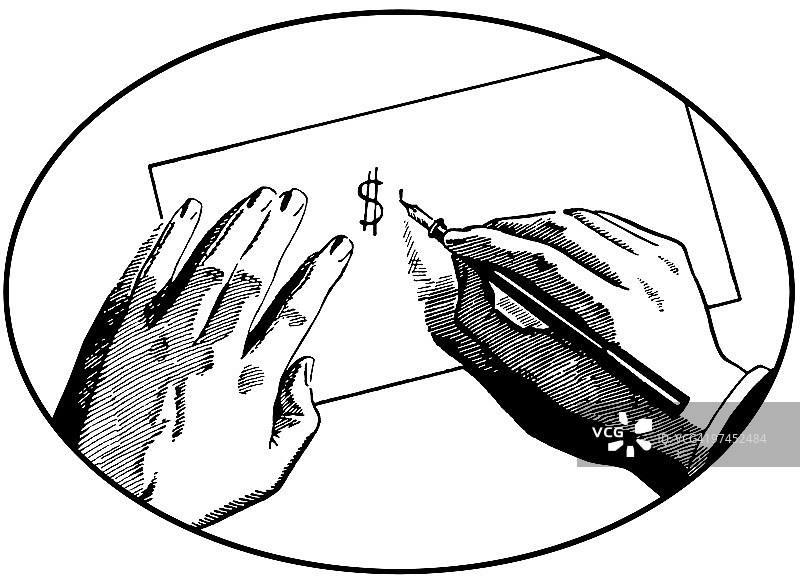 在桌子上书写美元符号的两只手的黑白插画图片素材