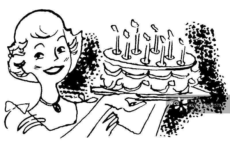 女人拿着生日蛋糕的老式插图黑白版本图片素材