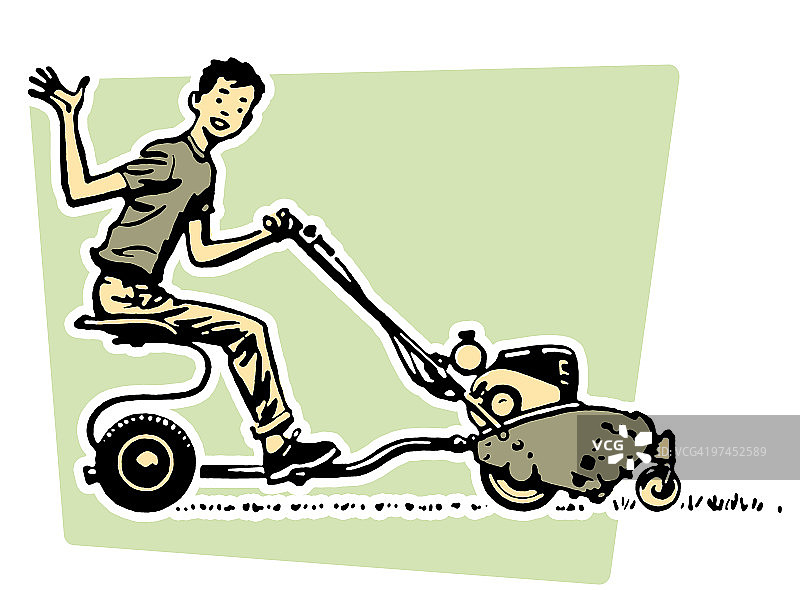 小男孩坐在割草机上高兴地挥手图片素材