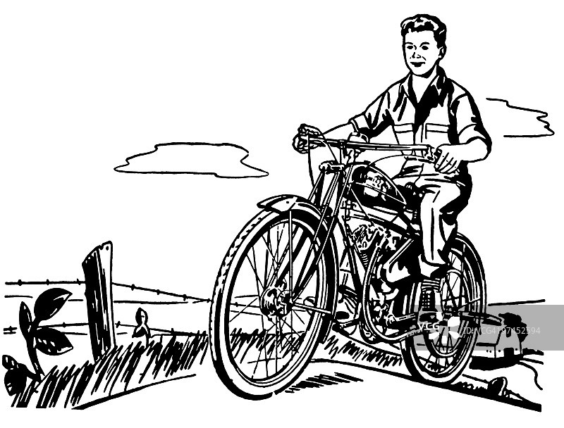 黑白风格：男孩和摩托车图片素材