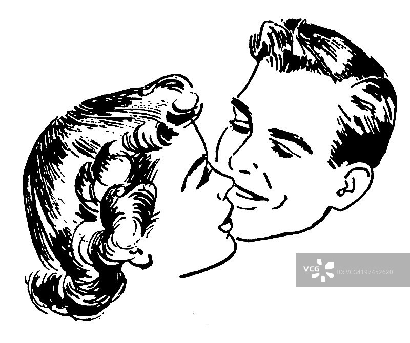 拥抱情侣的复古插画（黑白版）图片素材