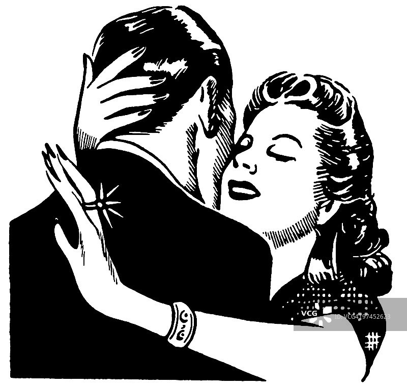 拥抱情侣的复古插画（黑白版）图片素材