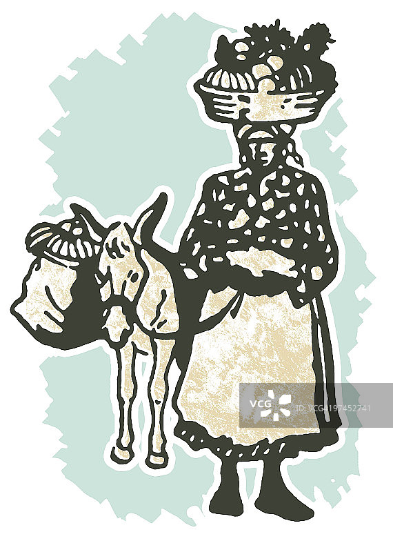 头顶篮子的女人复古插画图片素材