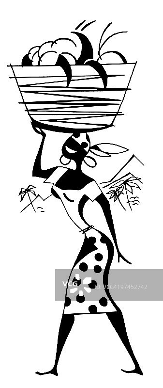 黑白复古插画：妇女篮子搬运物品图片素材