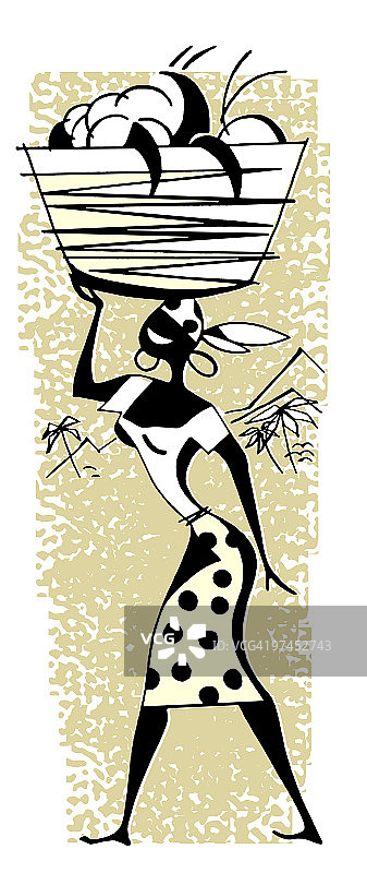 头顶篮子的女人复古插画图片素材