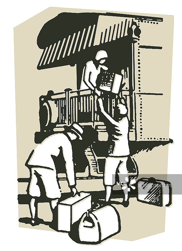 人们乘坐火车度假的复古插画图片素材