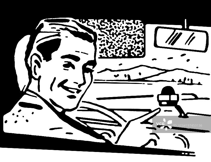 男士驾驶汽车的复古印刷品黑白版图片素材