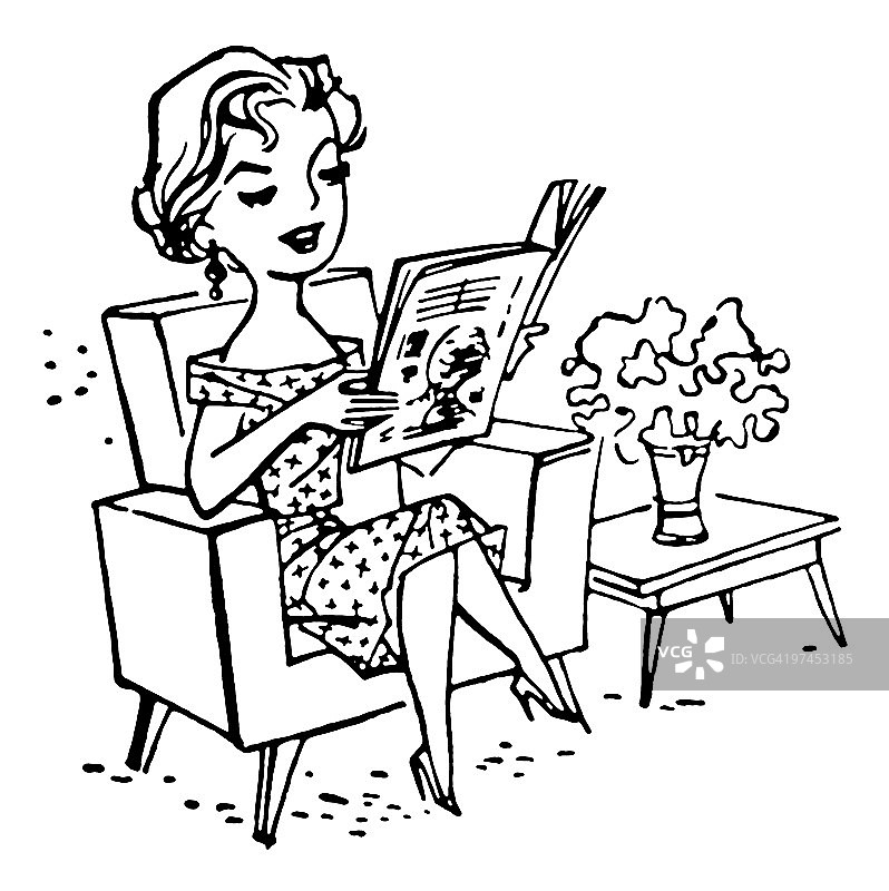 复古卡通风格的女子阅读报纸黑白图图片素材