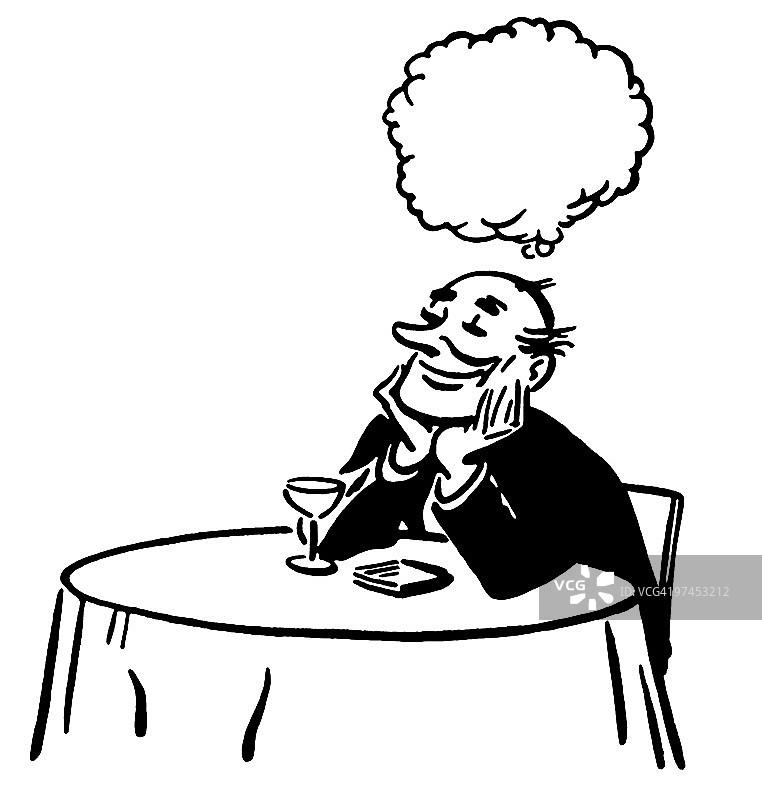 男子在鸡尾酒廊餐桌旁做白日梦的插画黑白版图片素材