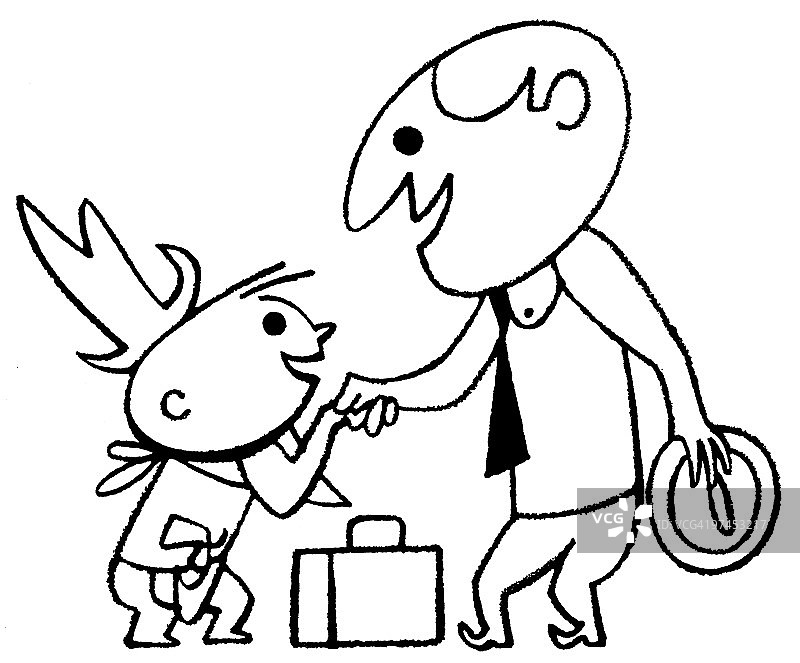 商务男人与儿童的卡通风格黑白画图片素材