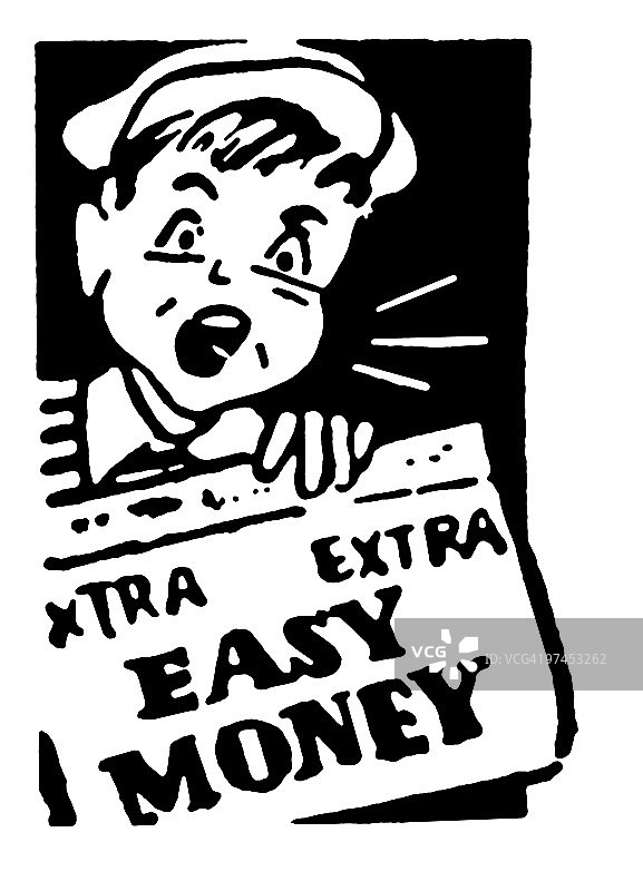 黑白风格：报童拿着一份写着“轻松赚钱”的报纸图片素材