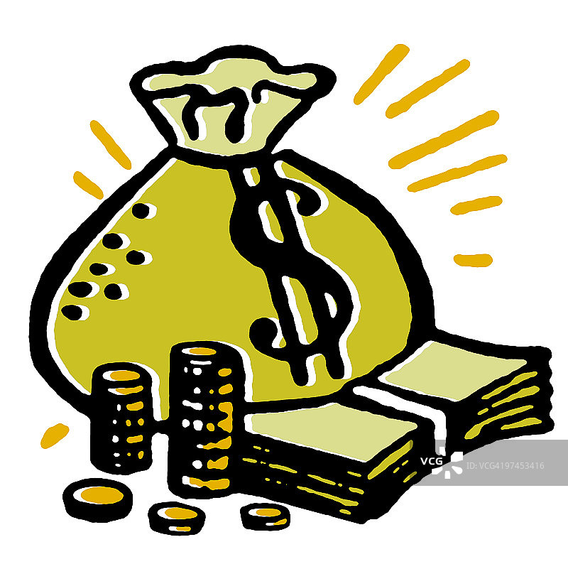 一个装满现金的袋子和成堆的钞票图片素材