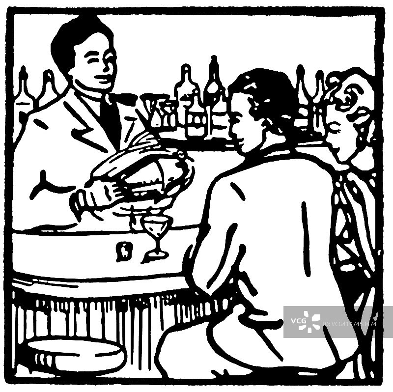 酒吧情侣饮酒黑白插画图片素材