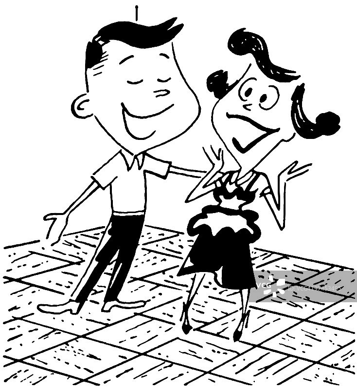 舞池上年轻情侣的卡通风格黑白画图片素材