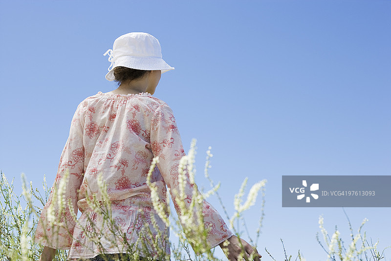 年轻女人走在茂盛的草丛中（后视图）图片素材