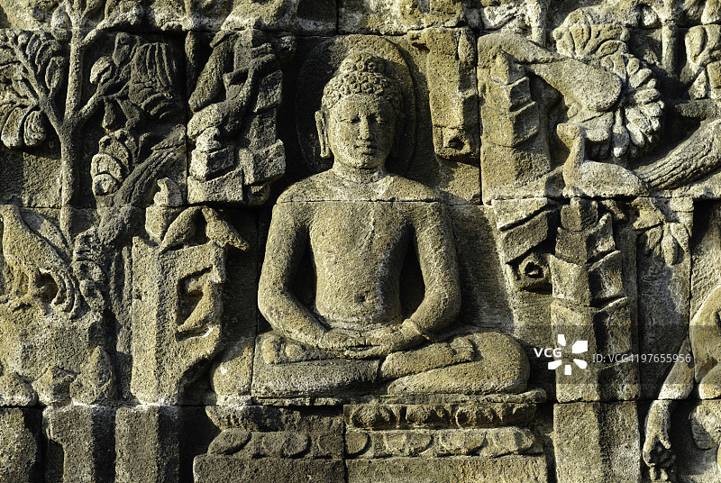 印度尼西亚婆罗浮屠寺庙的石雕图片素材
